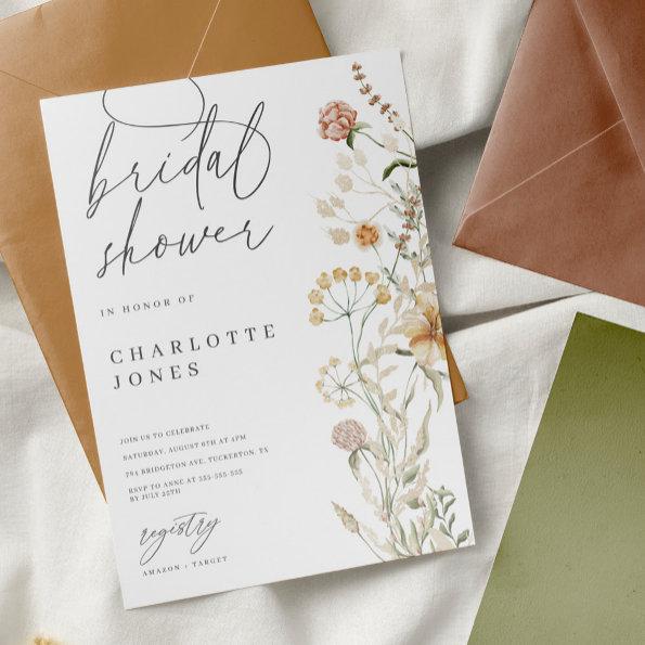 Boho Wildflowers Watercolor Minimal Bridal Shower Invitations