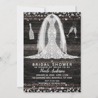 Boho Wood Chic Diamond Wedding Dress Bridal Shower Invitations