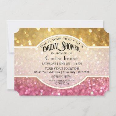 Bokeh Movie Premier Ticket Style Gold Pink Sparkle Invitations
