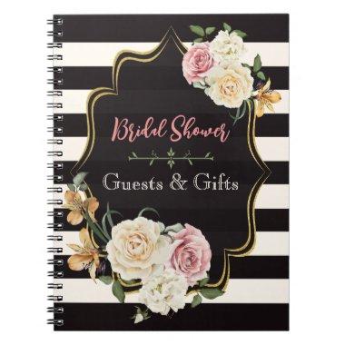 Bold Black, Ivory Stripes, Floral Guests and Gifts Notebook