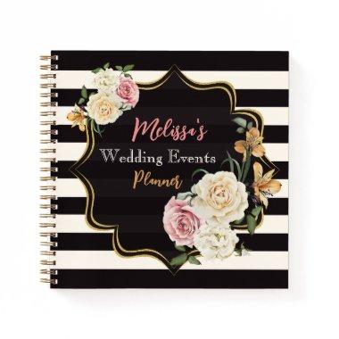 Bold Black, Ivory Stripes, Floral Wedding Planner Notebook