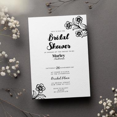 Bold black white typography floral Bridal Shower Invitations