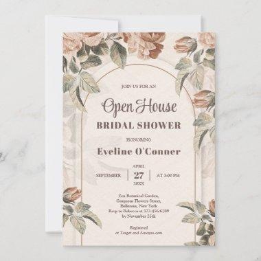 Bold boho arch terracotta roses sage open house Invitations