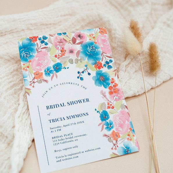 Bold Boho blue pink wild floral arch bridal shower Invitations