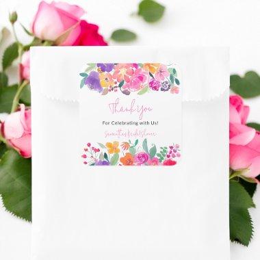 Bold bright pink floral watercolor  square sticker