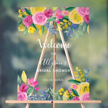 Bold country floral watercolor welcome bridal acrylic sign