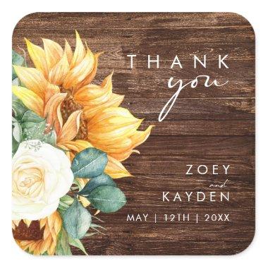 Bold Country Sunflower | Wood Thank You Wedding Square Sticker