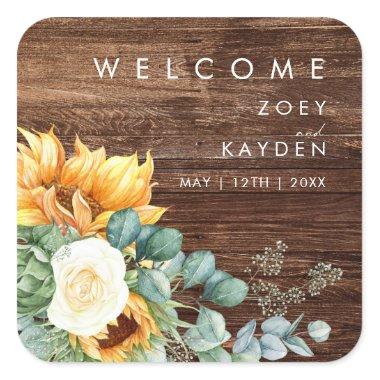 Bold Country Sunflower | Wood Wedding Welcome Square Sticker