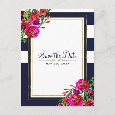 Bold Floral Blue & Gold Elegant Save the Date Announcement PostInvitations