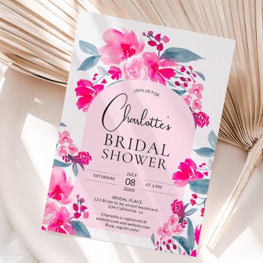 Bold hot pink blue floral arch chic bridal shower Invitations