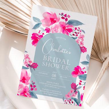 Bold hot pink blue floral arch chic bridal shower Invitations