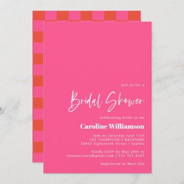 Bold Hot Pink Red Retro Checkerboard Bridal Shower Invitations