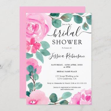 Bold pink green floral watercolor bridal shower Invitations