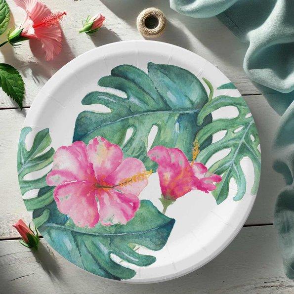 Bold Pink Hibiscus Tropical Watercolor Floral Paper Plates