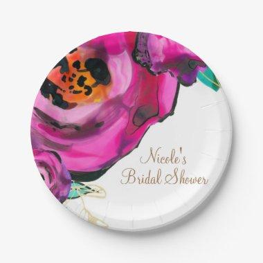 Bold Pink Modern Floral Watercolor Bridal Party Paper Plates