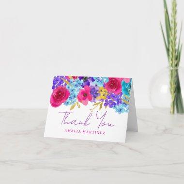 Bold Pink Purple Blue Floral Bridal Shower Photo Thank You Invitations
