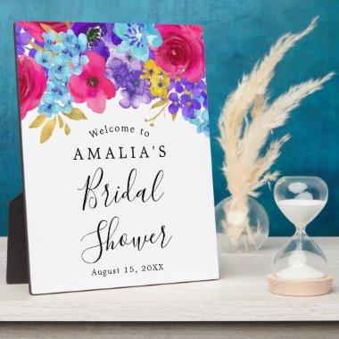 Bold Pink Purple Blue Floral Bridal Shower Welcome Plaque