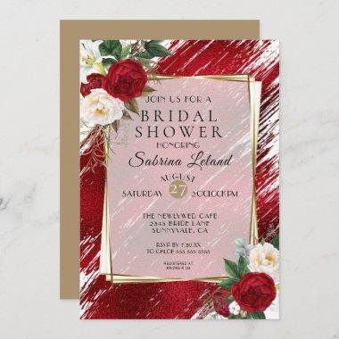 Bold Red Peonies and Crimson Paint Stroke Invitations
