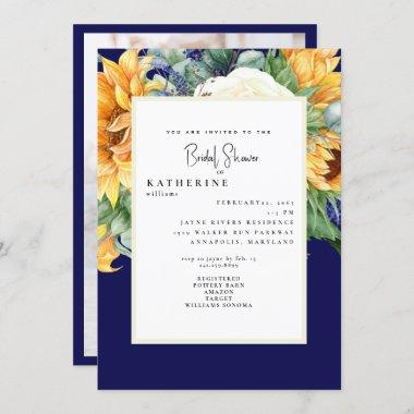 Bold Summer Sunflower Navy Bridal Shower Photo Invitations