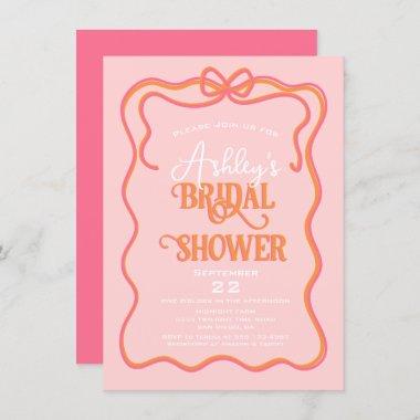 Bold Wavy Frame Bow Pink Orange Bridal Shower Invitations