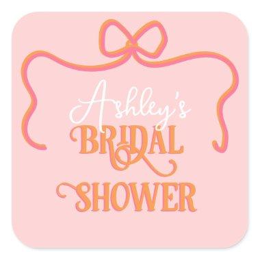 Bold Wavy Frame Bow Pink Orange Bridal Shower Square Sticker