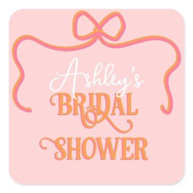 Bold Wavy Frame Bow Pink Orange Bridal Shower Square Sticker