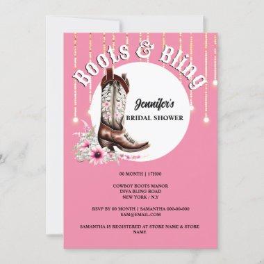 Boots Bling pink cowboy boot floral western Invitations