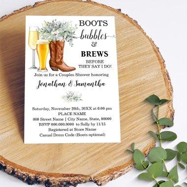 Boots Bubbles and Brews shower eucalyptus greenery Invitations