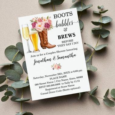 Boots Bubbles and Brews shower pink flowers Invitations