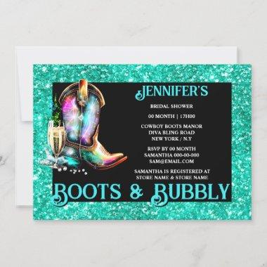 Boots bubbly | cowgirl boot teal shimmer wine Invitations