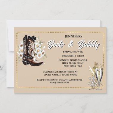 Boots bubbly cowgirl floral boot gold frame Invitations