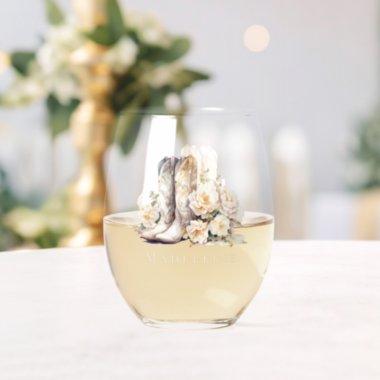 Boots & Bubbly Elegant Floral Bridal Bridesmaid Stemless Wine Glass