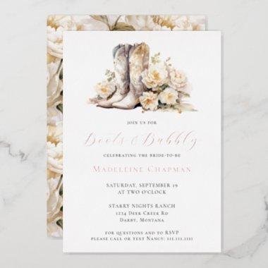 Boots & Bubbly Elegant Floral Bridal Shower Gold Foil Invitations