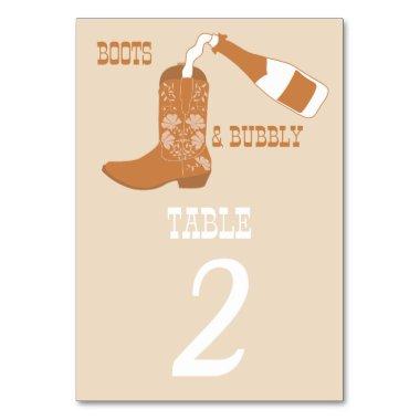 Boots Bubbly Rustic Western Country  Table Number