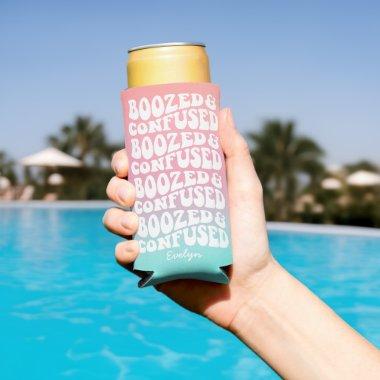 Boozed Confused Retro Pink Aqua Bachelorette Seltzer Can Cooler