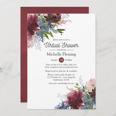 Bordo and Navy Floral Virtual Bridal Shower Invitations