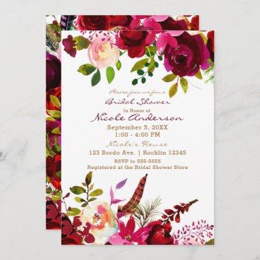 Bordo Burgundy Maroon Boho Floral Bridal Shower Invitations