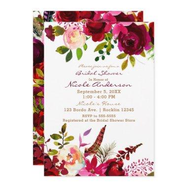 Bordo Burgundy Maroon Boho Floral Bridal Shower Invitations