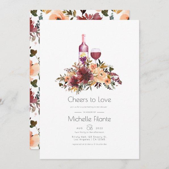 Bordo Peach Floral Wine Tasting Bridal Shower Invitations