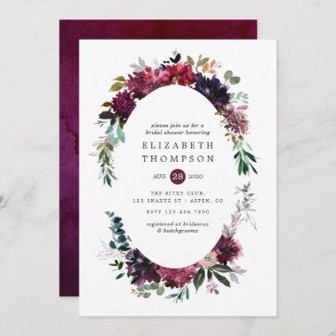Bordo Violet Plum Watercolor Floral Bridal Shower Invitations