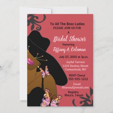 Boss Lady Butterfly Pink African American Bridal  Invitations