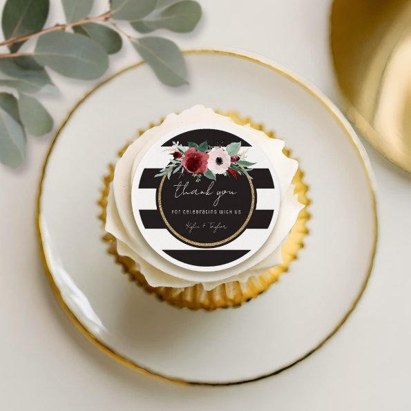 Botanical Black White Stripe Couples Names Wedding Edible Frosting Rounds
