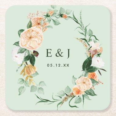 Botanical Boho Floral Greenery Monogram Wedding Sq Square Paper Coaster