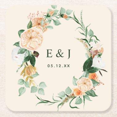 Botanical Boho Floral Greenery Monogram Wedding Square Paper Coaster