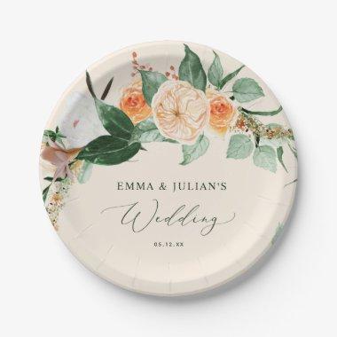 Botanical Boho Greenery Peach Personalized Wedding Paper Plates