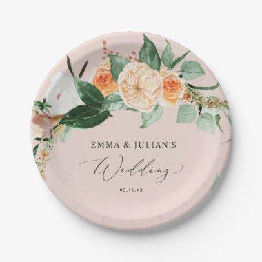 Botanical Boho Greenery Pink Personalized Wedding Paper Plates