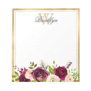 Botanical Burgundy Blush Pink Floral Monogram Note