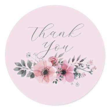 Botanical chic floral grey pink flower Thank you Classic Round Sticker