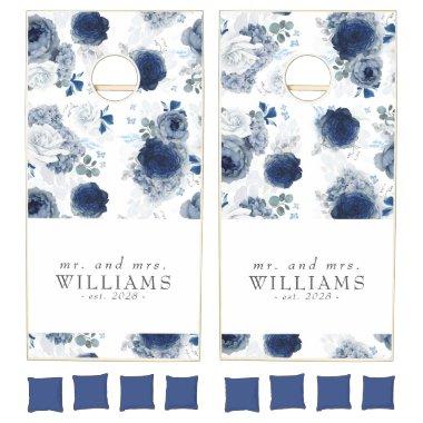 Botanical Dusty Blue and Navy Blue Floral Pattern Cornhole Set