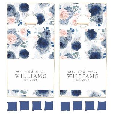 Botanical Dusty Blue and Pink Floral Pattern Cornhole Set